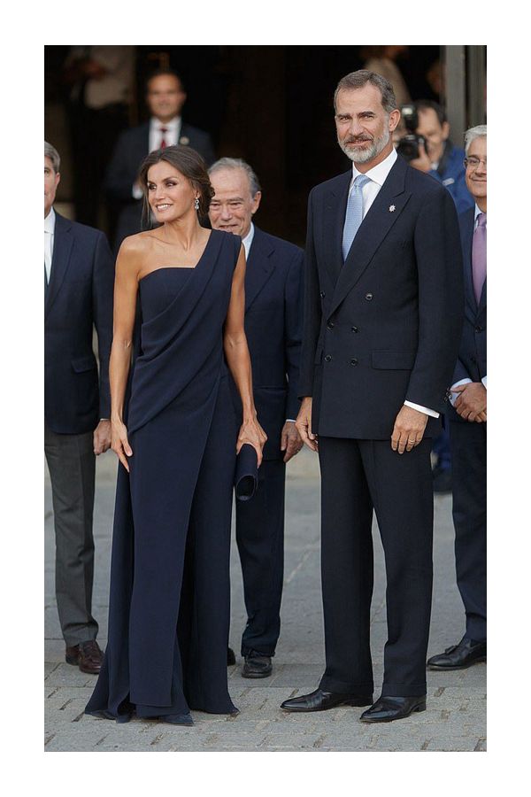 Queen Letizia Inspired Navy One-shoulder Celebrity Formal Jumpsuit