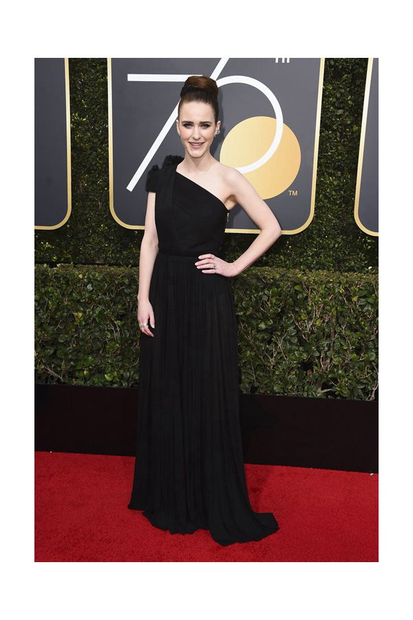Rachel Brosnahan Black One-Shoulder Pleated Formal Dress Golden Globes 2018