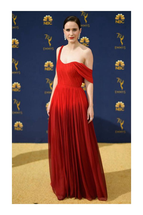 Rachel Brosnahan Red Off-the-Shoulder Pleated Chiffon Gown Emmys 2018