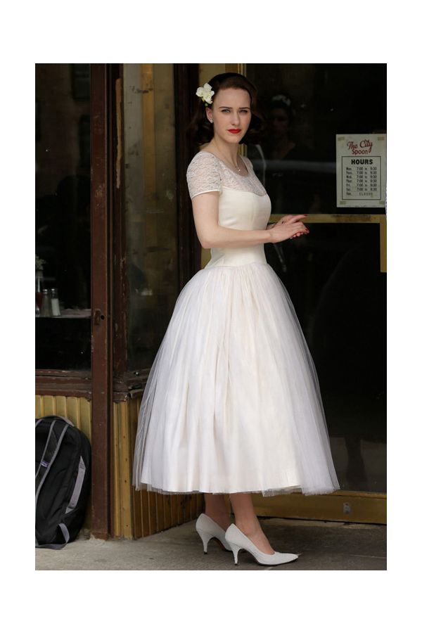 Charming Elegance – Short-Sleeve White Tulle Dress with Full Skirt Inspired by Rachel Brosnahan
