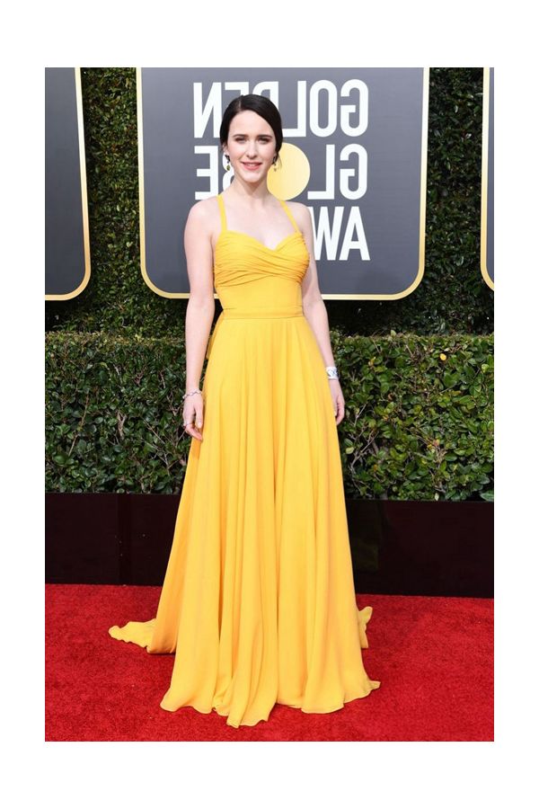 Rachel Brosnahan Yellow Halter Chiffon Formal Dress Golden Globes 2019
