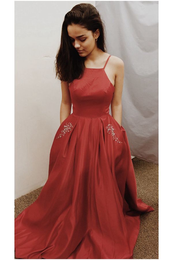 Rachel Zegler Inspired Red Satin Spaghetti Straps Beaded Formal Prom Dress 2021