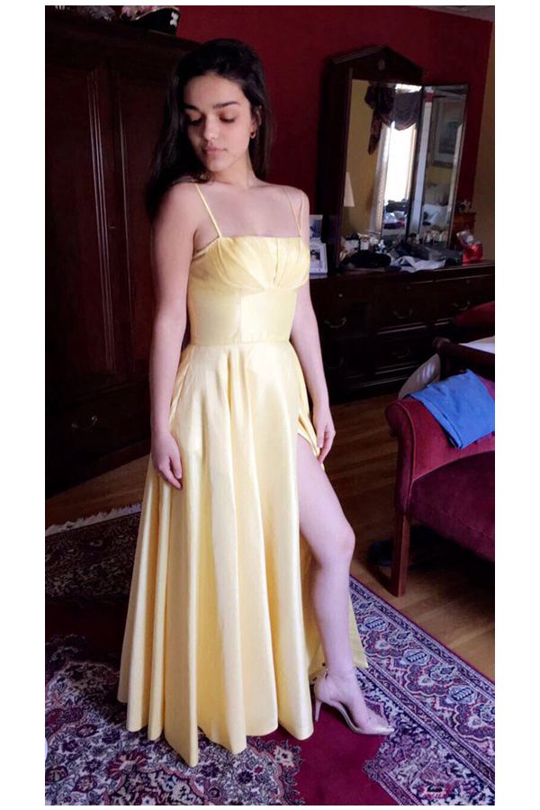 Rachel Zegler Inspired Yellow Spaghetti Straps Formal Prom Dress 2021 with Slit