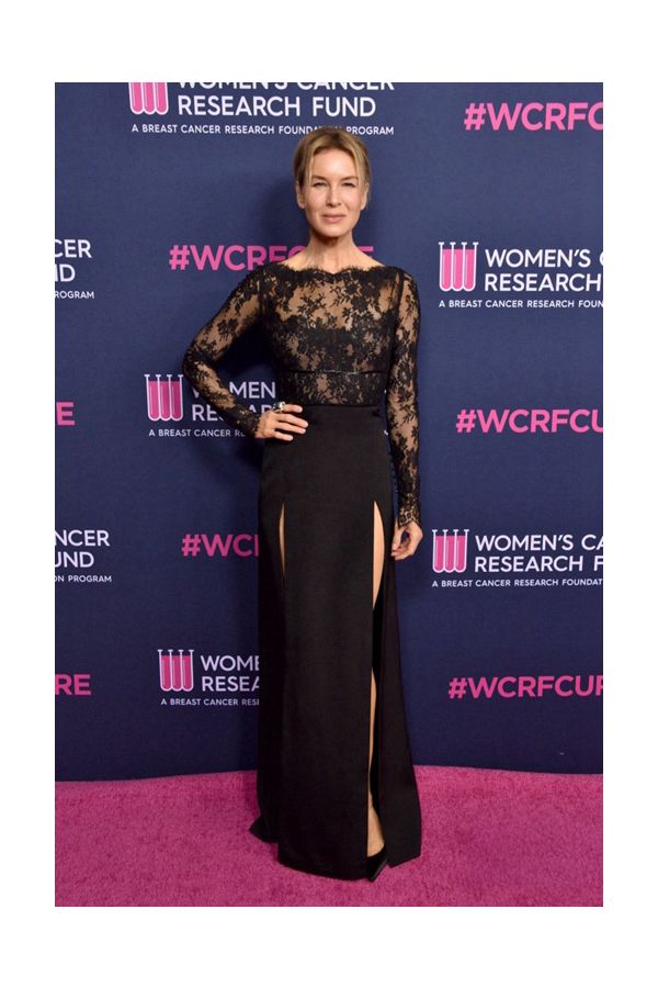Renee Zellweger Black Lace Formal Dress with Slits Women’s Cancer Research Fund Gala