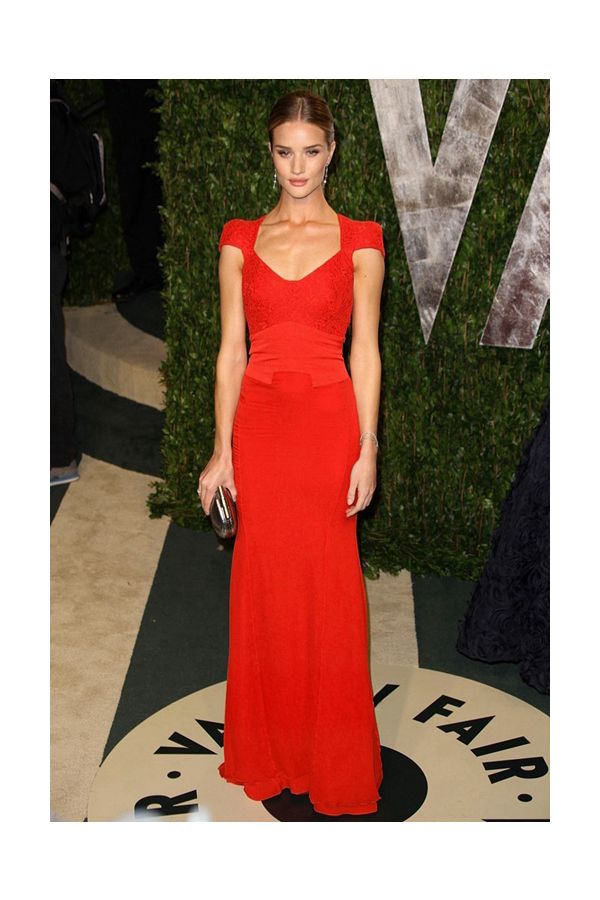 Rosie Huntington Whiteley Red Lace Cap Sleeve Sheath Dress Vanity Fair Oscar Party 2012