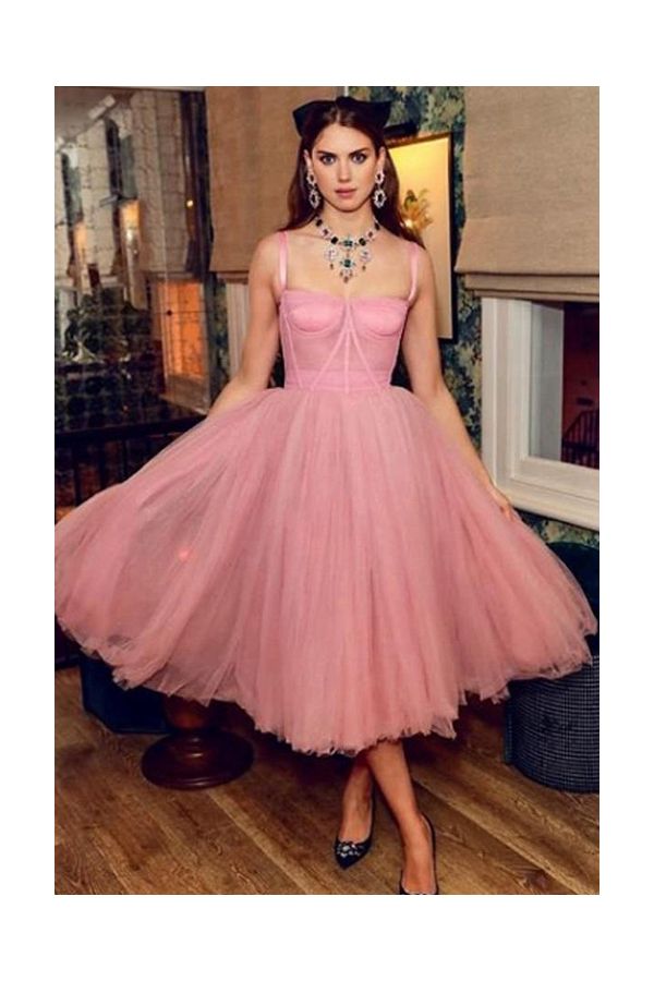 Celebrity Inspired Pink Tulle Tea-length Cocktail Party Sweet 16 Birthday Dress