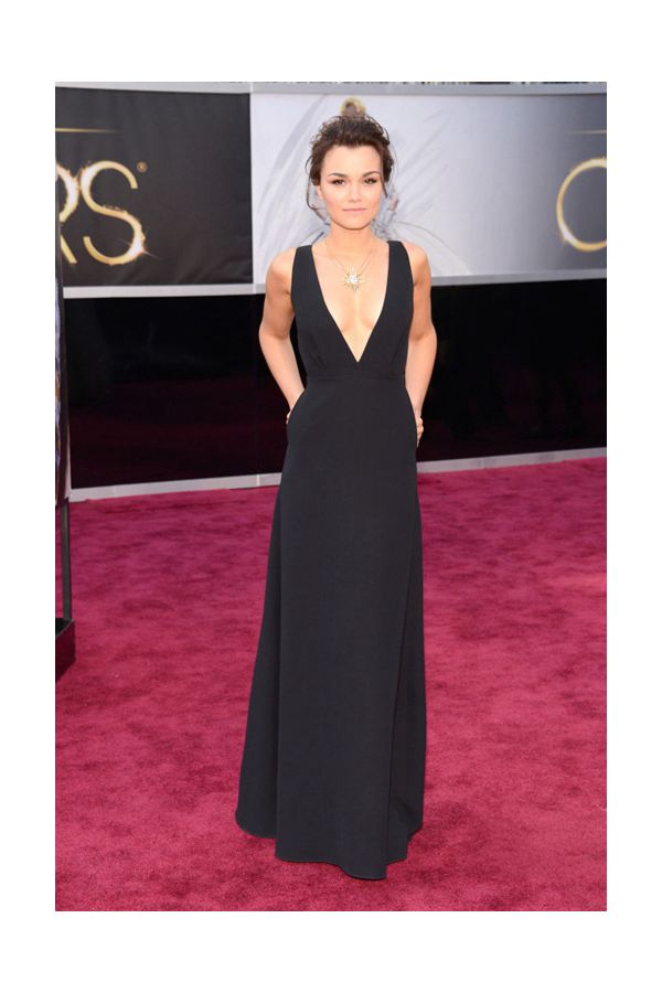 Samantha Barks Black Plunging V-neck Formal Celebrity Dress Oscars 2013