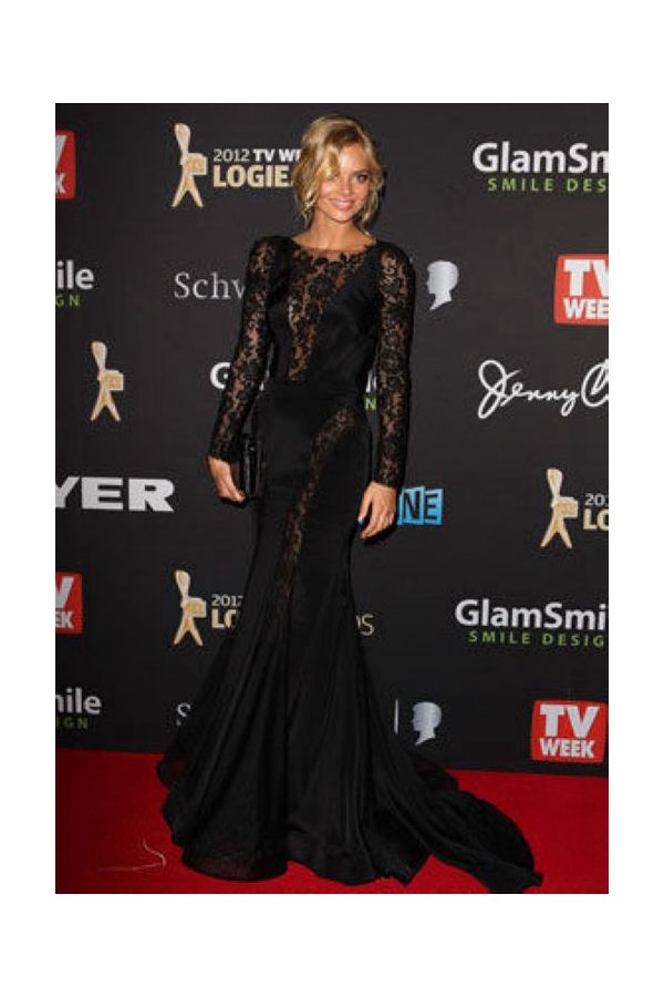 Samara Weaving Black Lace Long-Sleeve Mermaid Formal Dress Logie Awards 2012