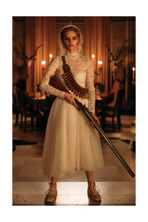 Samara Weaving White Lace Tea-Length Dress in Movie Ready or Not