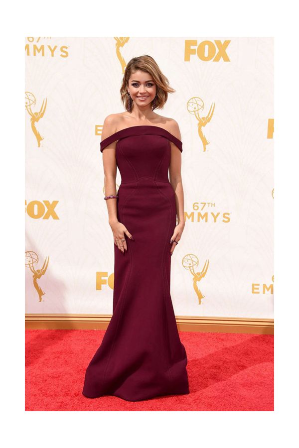 Merlot Muse – Emmys 2015–Inspired Burgundy Off-the-Shoulder Sheath Gown