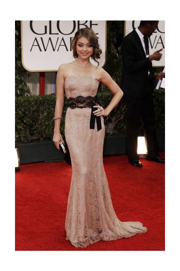 Sarah Hyland Champagne Strapless Mermaid Lace Prom Dress Golden Globes 2012