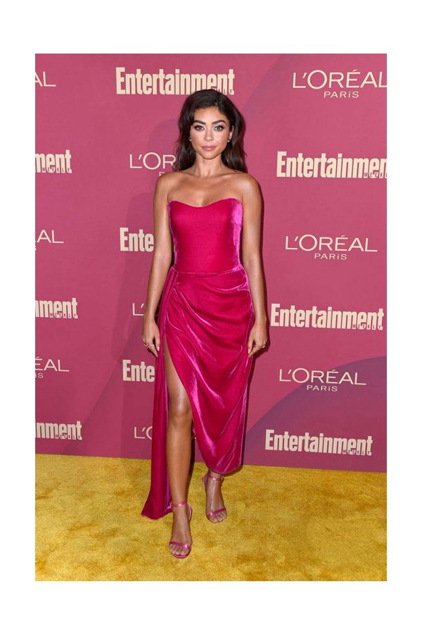 Sarah Hyland Fuchsia Pink Strapless Velvet Dress with Slit Emmys 2019 Party