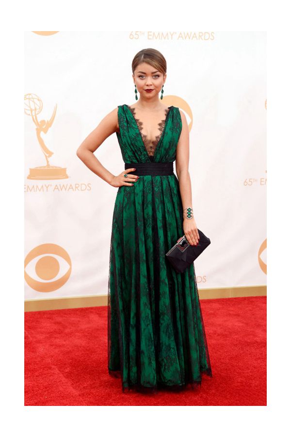Sarah Hyland Black and Green Lace Formal Prom Celebrity Dress Emmys 2013