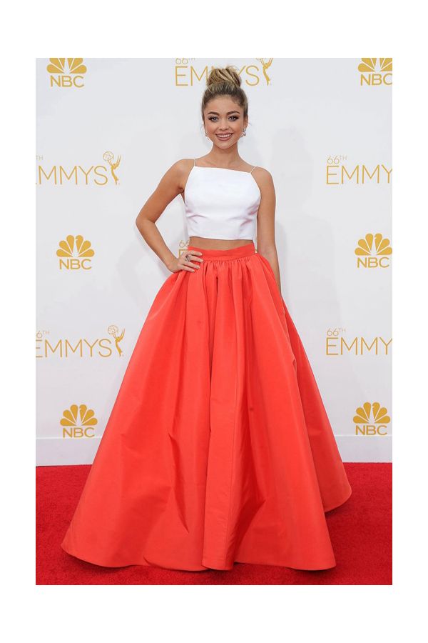 Coral Contrast – Emmys 2014–Inspired White Crop Top & Coral Ball Skirt Ensemble