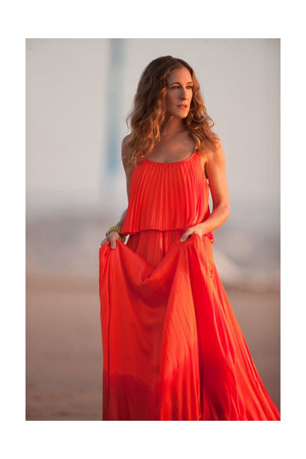 Sarah Jessica Parker Carrie Bradshaw Inspired Orange Pleated Dress Sex and City 2