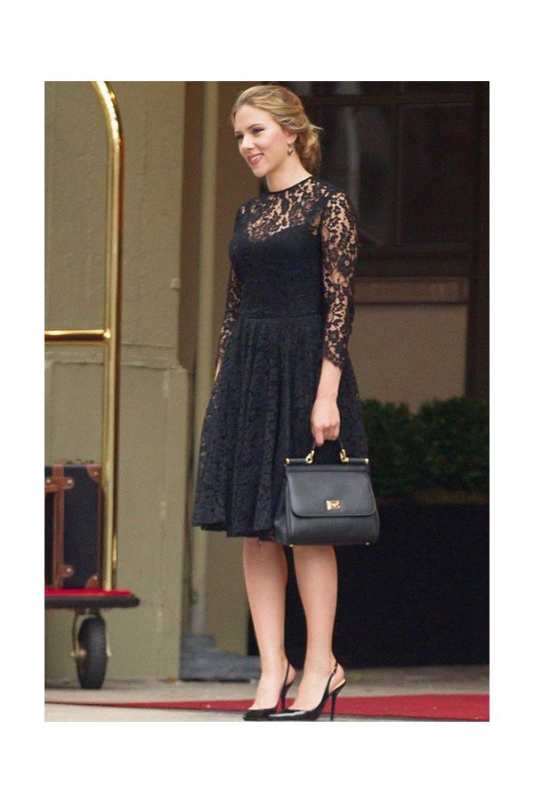 Scarlett Johansson Black Illusion High Neck A-Line Knee-Length Lace Celebrity Dress