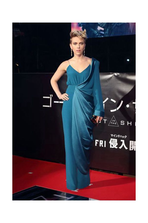 Scarlett Johansson Teal Blue Draped One Shoulder Jumpsuit Ghost in the Shell Tokyo Premiere