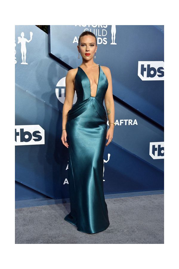Scarlett Johansson Teal Blue Satin Plunging V-neck Formal Dress SAG Awards 2020