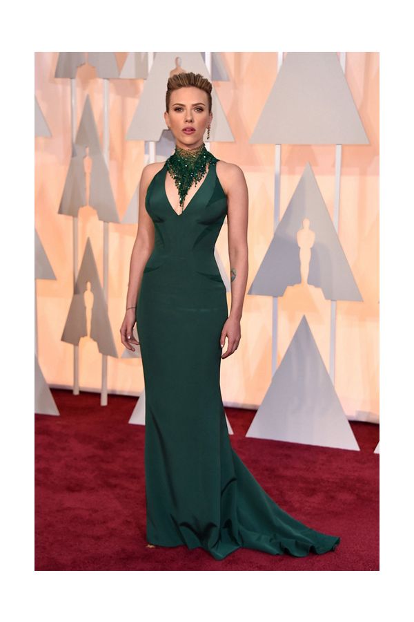 Scarlett Johansson Green V-neck Formal Celebrity Dress Oscars 2015