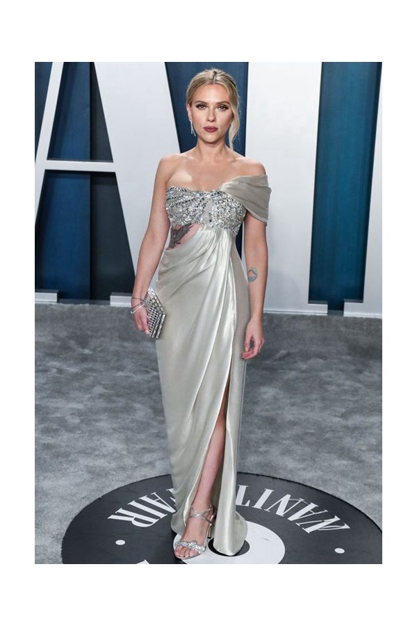 Scarlett Johansson Silver Off-the-shoulder Formal Dress Vanity Fair Oscar Party 2020