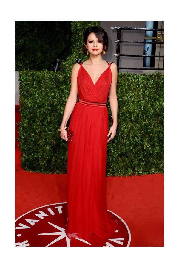 Scarlet Whisper – Oscars 2011–Inspired Red Draped V-Neck Chiffon A-Line Gown