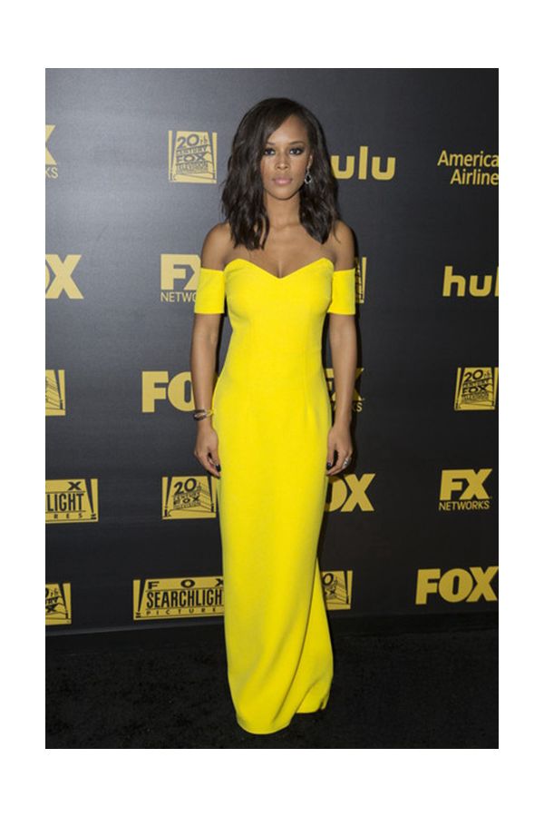 Serayah McNeill Yellow Off-the-Shoulder Sheath Dress Golden Globes 2016 Party