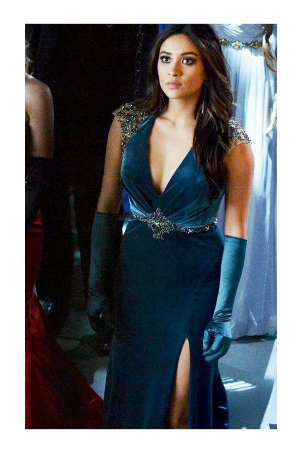 Shay Mitchell Teal Blue Velvet Celebrity Formal Dress Pretty Little Liars