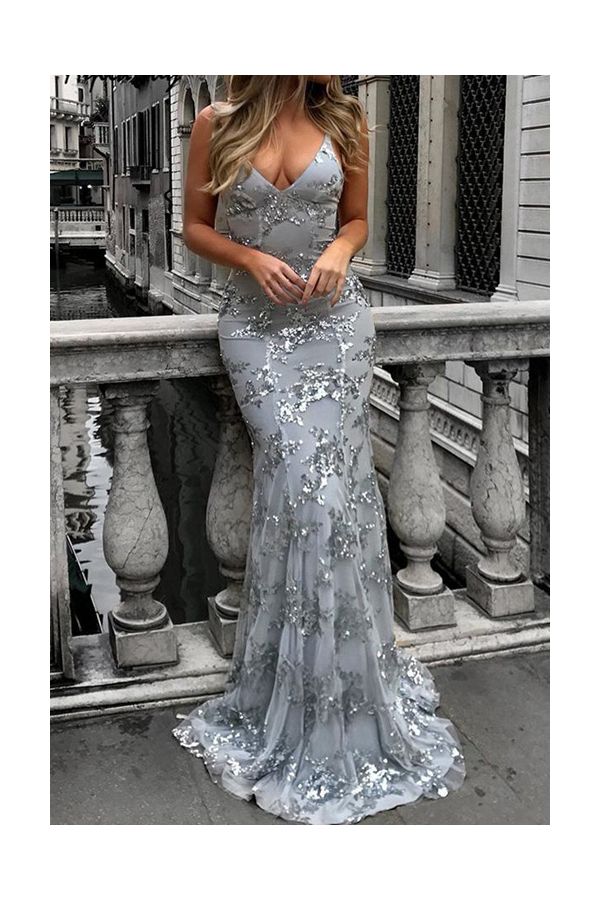 Moonlight Glimmer – Silver Sequin Lace Mermaid Gown
