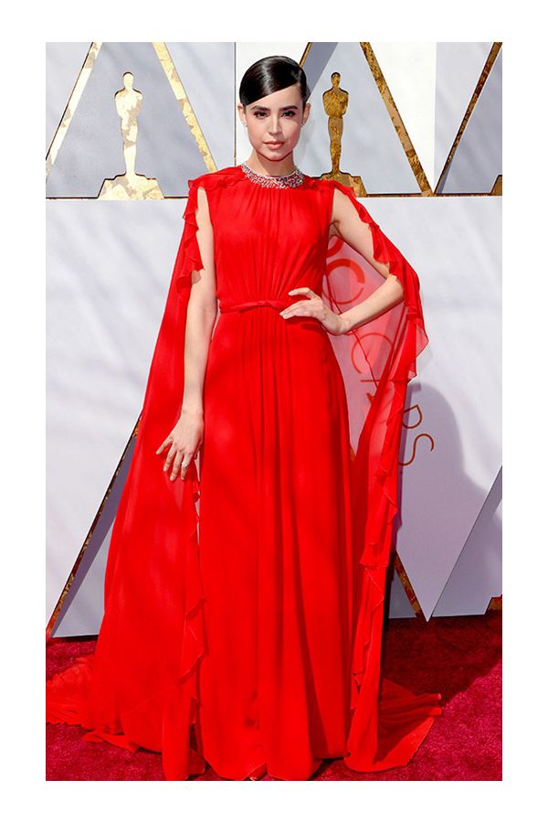 Sofia Carson Red Cape Chiffon Celebrity Formal Prom Dress Oscars 2018