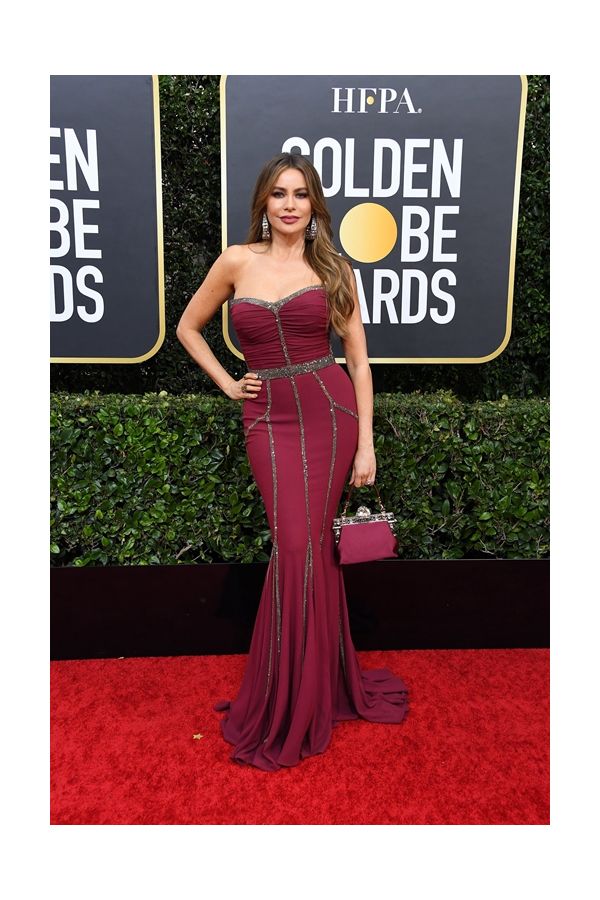 Sofia Vergara Burgundy Strapless Mermaid Formal Dress Golden Globes 2020