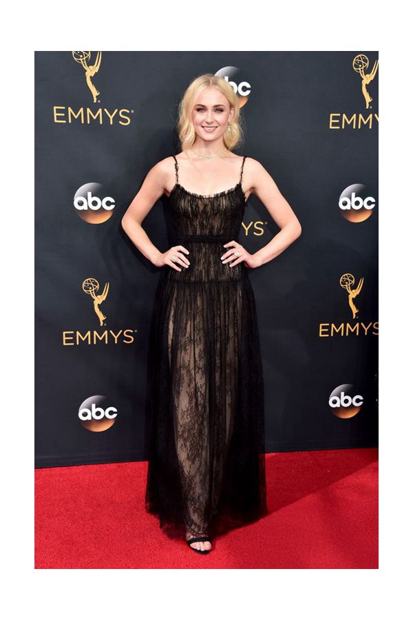 Sophie Turner Black Spaghetti Straps Lace Formal Prom Celebrity Dress Emmys 2016