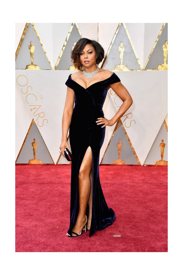 Midnight Velvet – Taraji P. Henson Navy Off-the-Shoulder Velvet Gown with Thigh-High Slit