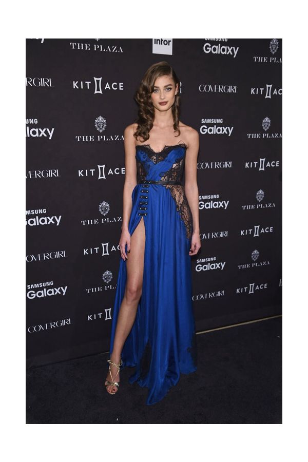 Taylor Hill Blue and Black Lace Strapless Celebrity Formal Prom Dress with Slit