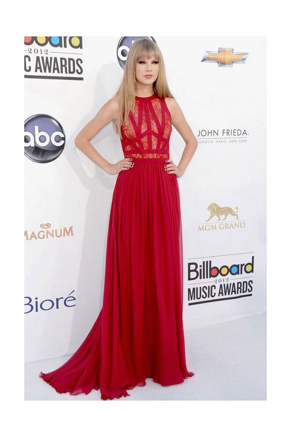Crimson Cadence – Billboard Music Awards 2012–Inspired Red Lace Paneled Chiffon High-Neck A-Line Gown