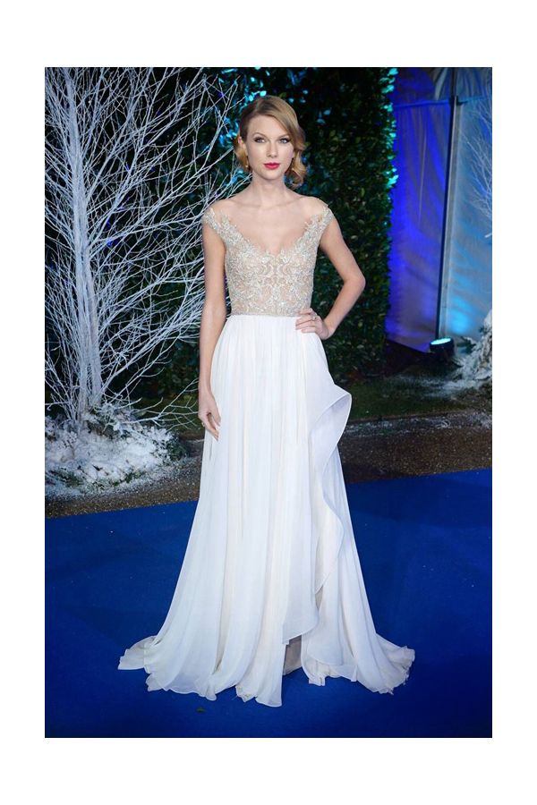 Taylor Swift White Embroidered Chiffon Formal Prom Dress Winter Whites Gala 2013