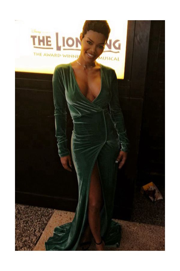 Teyana Taylor Inspired Green Velvet Long-sleeve V-neck Celebrity Dress with Slit