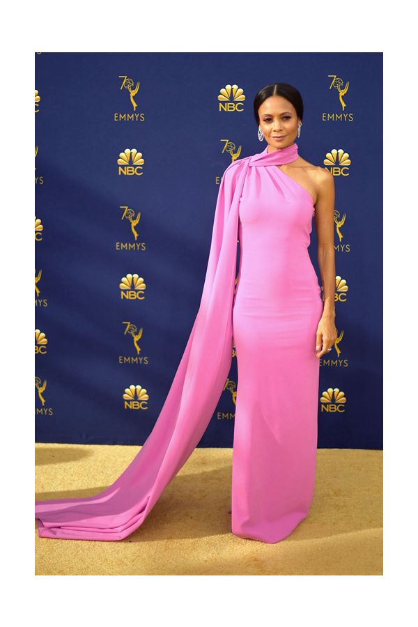 Thandie Newton Pink One Shoulder Sheath Floor Length Celebrity Formal Dress Emmys 2018