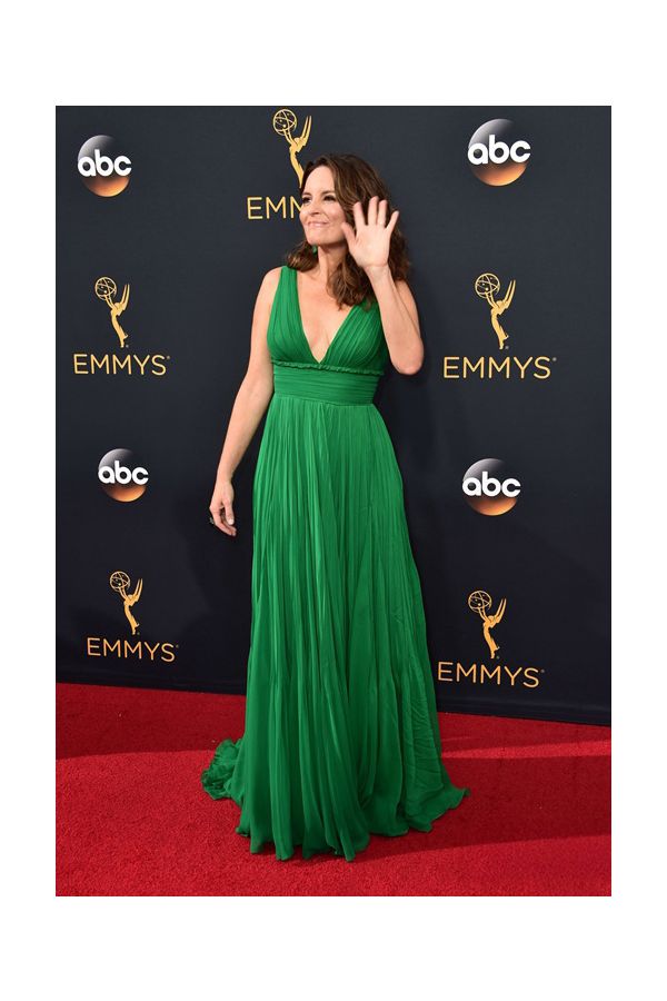 Tina Fey Inspired Green V-neck Chiffon Celebrity Formal Prom Dress Emmys 2016