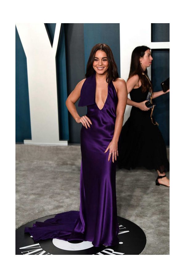 Vanessa Hudgens Purple V-neck Satin Formal Prom Dress Vanity Fair Oscar Party 2020