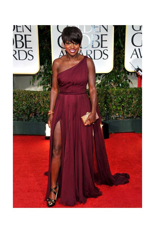 Viola Davis Burgundy One-Shoulder Chiffon Formal Dress Golden Globes 2012
