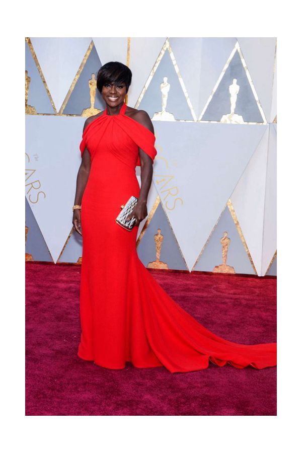 Viola Davis Red Draped Off-Shoulder Gown Oscars 2017 Red Carpet