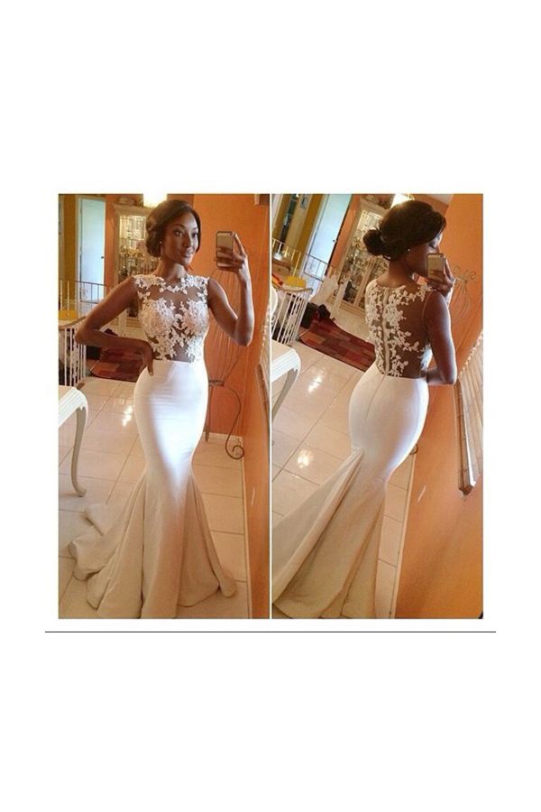White Mermaid Lace Top Formal Prom Wedding Dress Bridal Gown