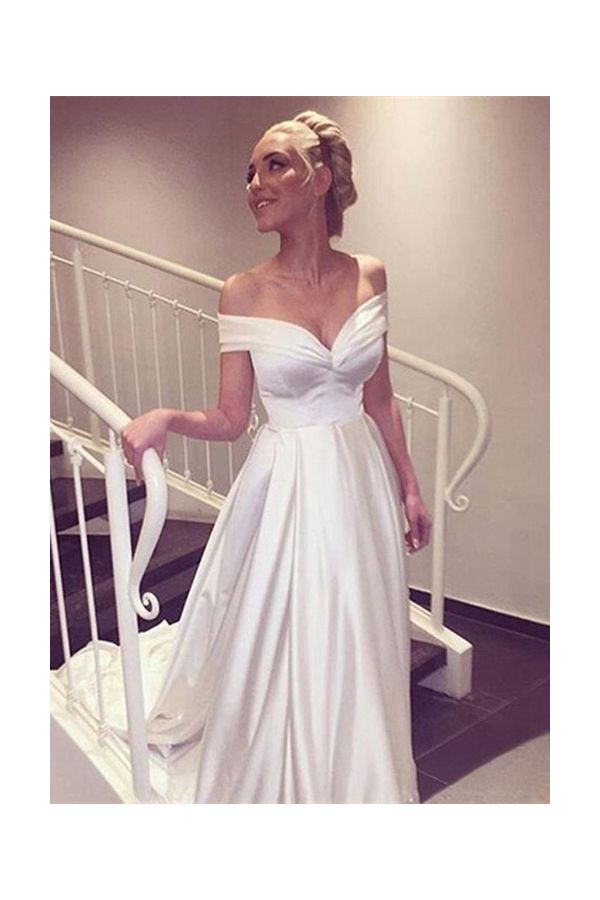 White Satin Off-the-shoulder Long Formal Prom Wedding Dress Bridal Gown