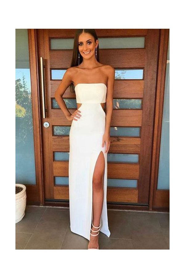 Pure Allure – White Strapless Cut-Out Formal Gown with Thigh-High Slit