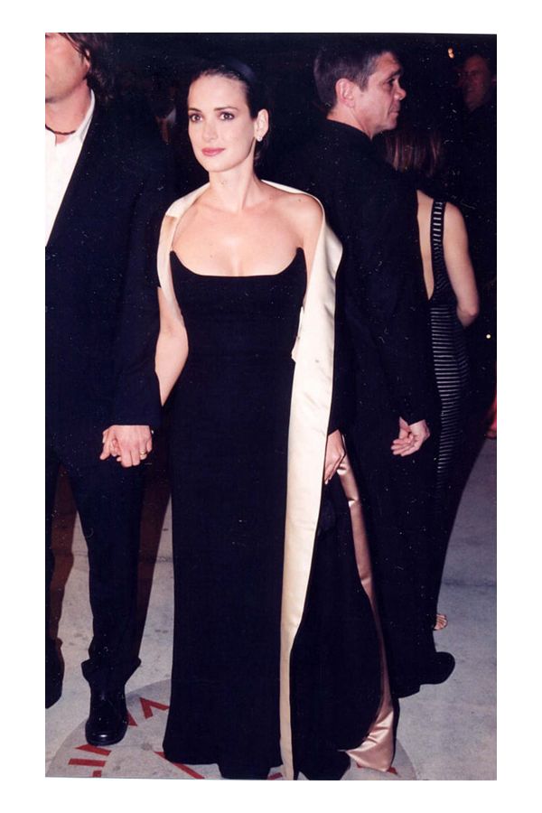 Winona Ryder Inspired Black Celebrity Evening Formal Dress with Cape Oscars 2000