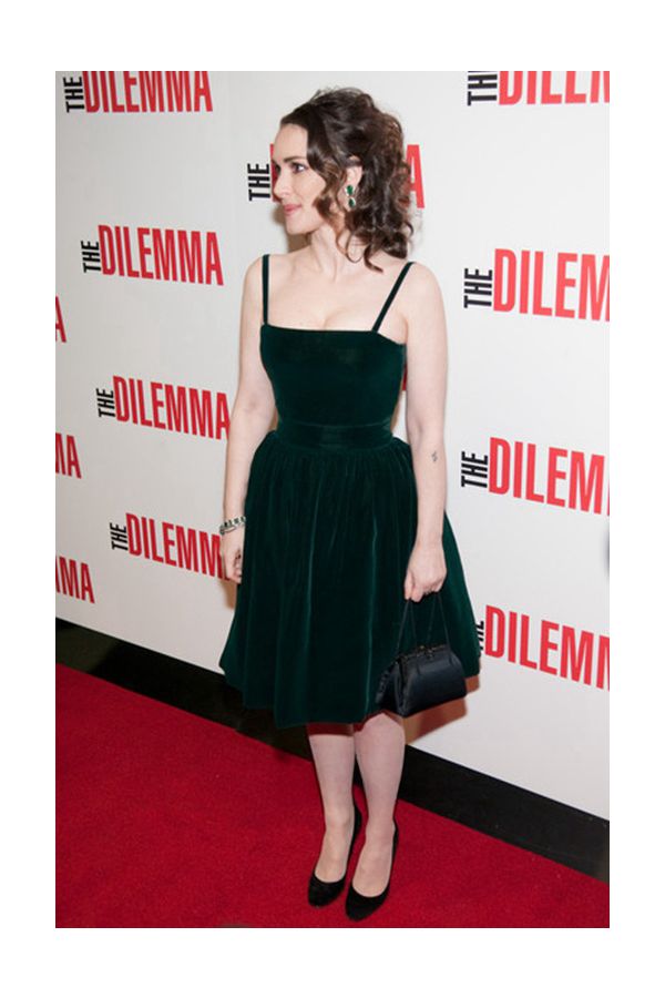 Winona Ryder Short Green Velvet Cocktail Party Celebrity Dress The Dilemma Premiere