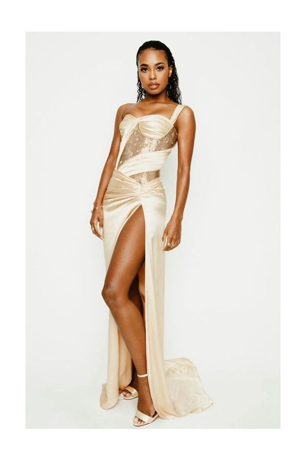 Zaria Simone Inspired Champagne One-shoulder Satin Dress with Slit Oscars 2021