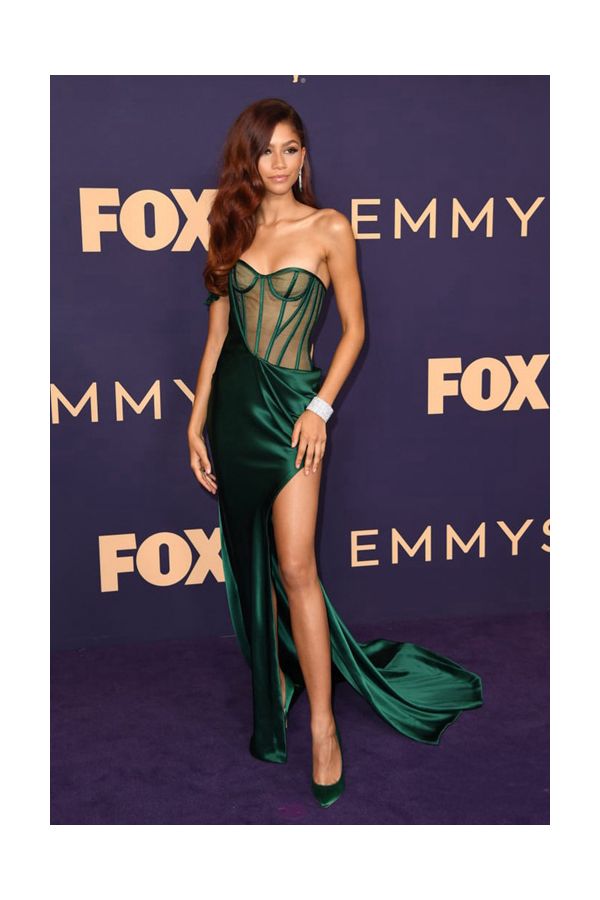 Zendaya Green Satin Strapless Corset Sheath Dress with High Slit Emmys 2019
