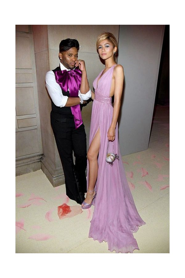 Zendaya Inspired Lilac Chiffon Plunging V-neck Celebrity Formal Prom Dress with Slit