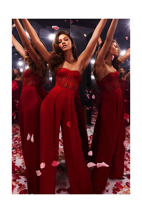 Zendaya Red Carpet Strapless Sweetheart Jumpsuit with Wide-Leg Floor-Length Pants